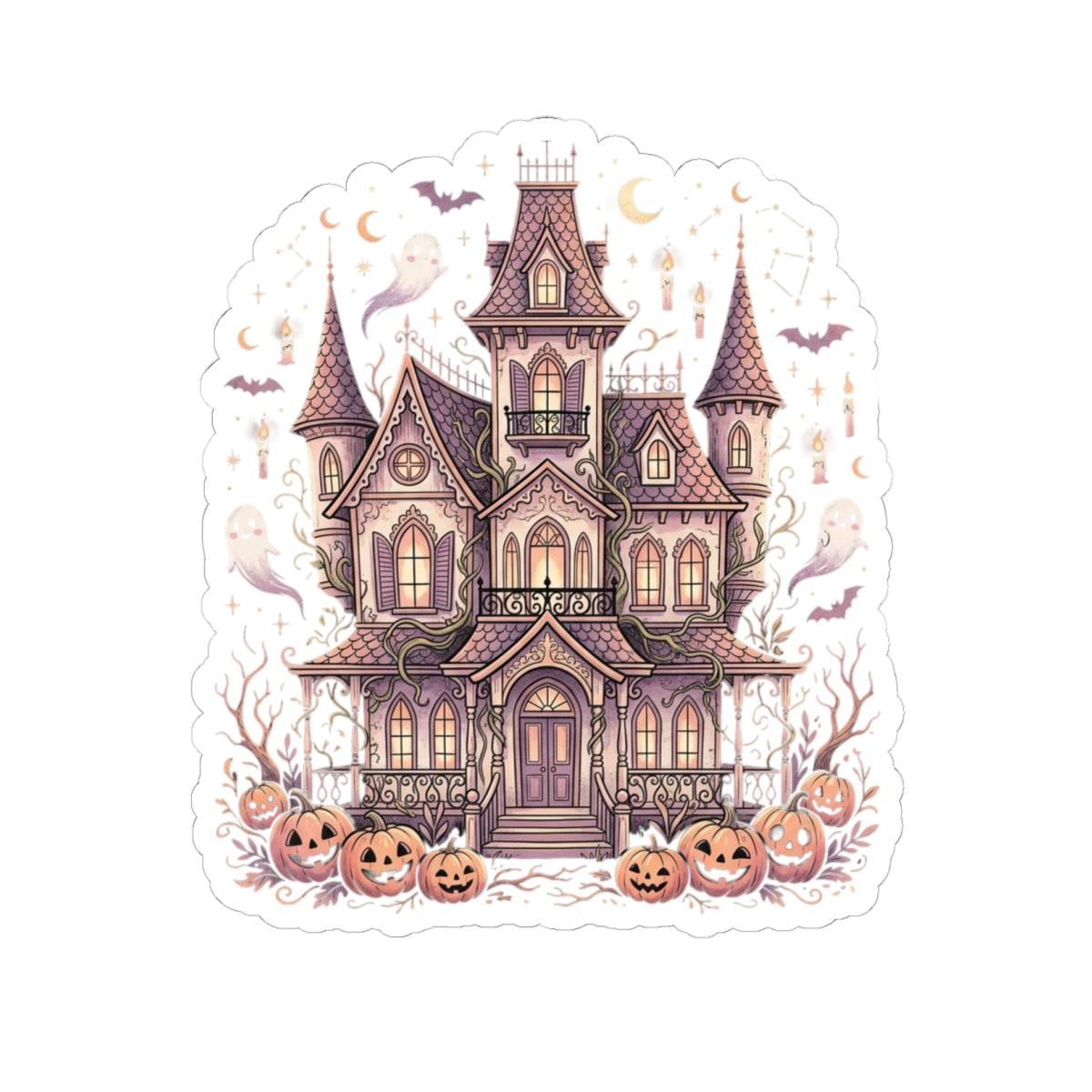 Haunted Victorian Mansion Sticker — Halloween Kiss-Cut Pumpkin Laptop Decal