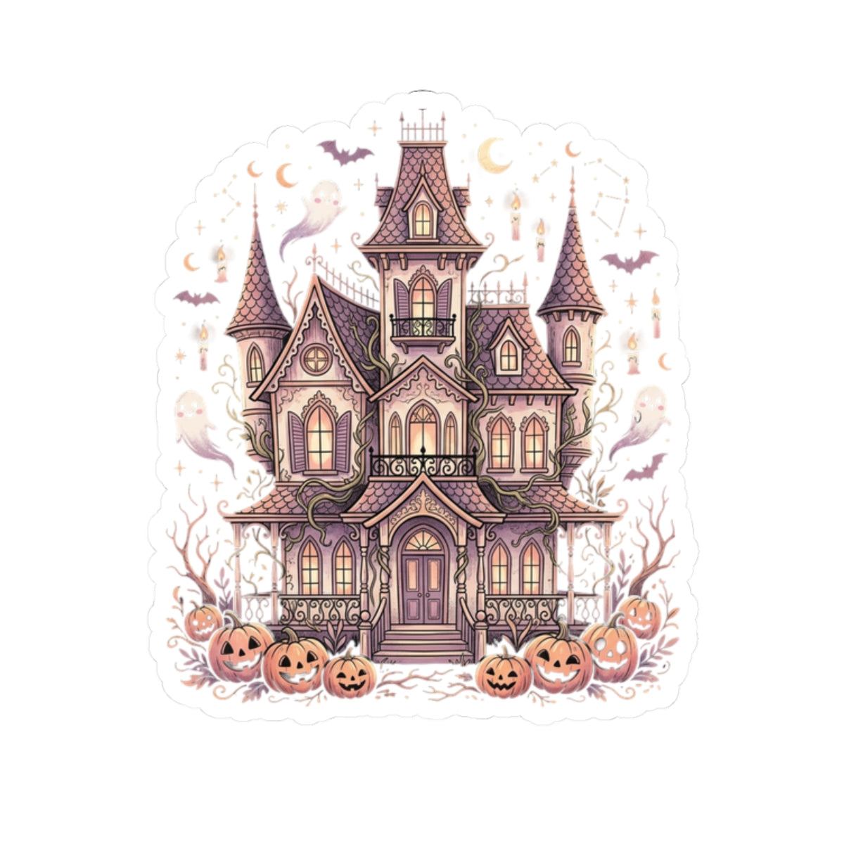 Haunted Victorian Mansion Sticker — Halloween Kiss-Cut Pumpkin Laptop Decal